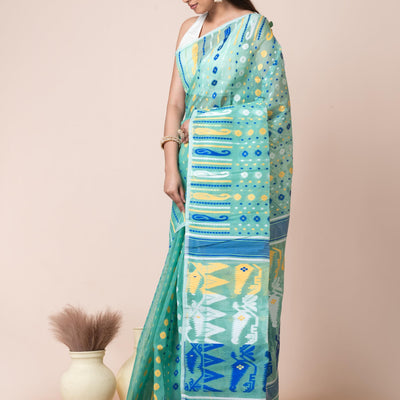 Aishwarya Sarees Women's Jamdani Cotton Sarees For Women Soft Dhakai Jamdani Bengal Pure Handloom Saree for Women. dhakai jamdani sarees for women (Sea Green)