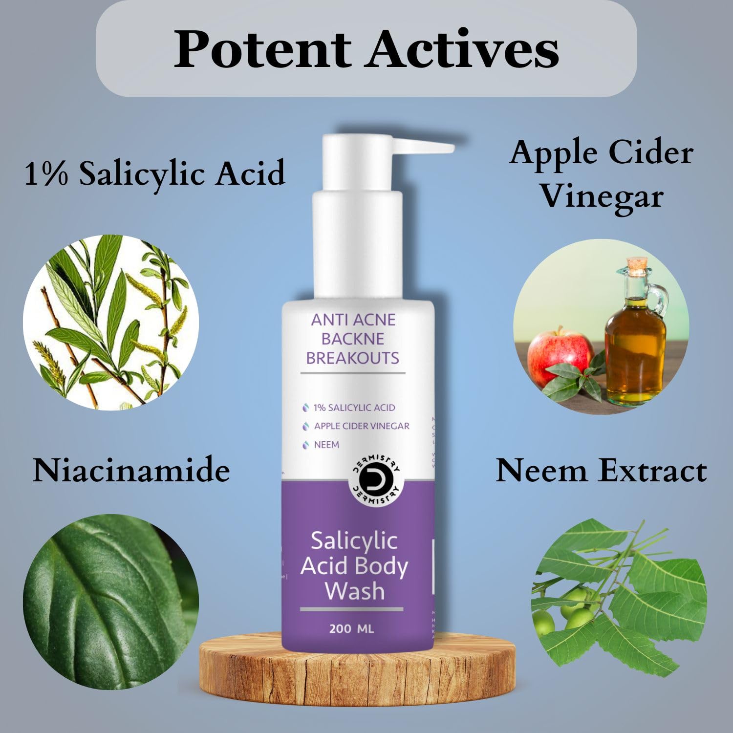 Dermistry 1% Salicylic Acid Back Body Acne Exfoliator Scrub Wash, Neem Apple Cider, Niacinamide, Zinc, Body Back Acne Scars, Dark Spots, Exfoliating Open Pores, Oily Skin - Men Women Boys Girls