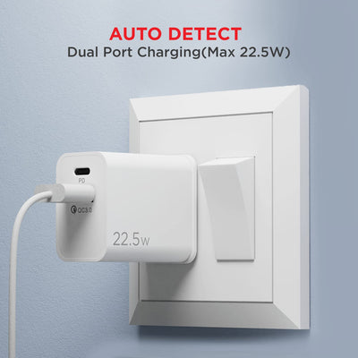 boAt WCDV 22.5W Dual Port Wall Charger with 18W Quick Charge 3.0 & 22.5W Power Delivery Support, Smart IC Protection, Auto Detection, Corrosion Resistant Pins & PD Cable(White)