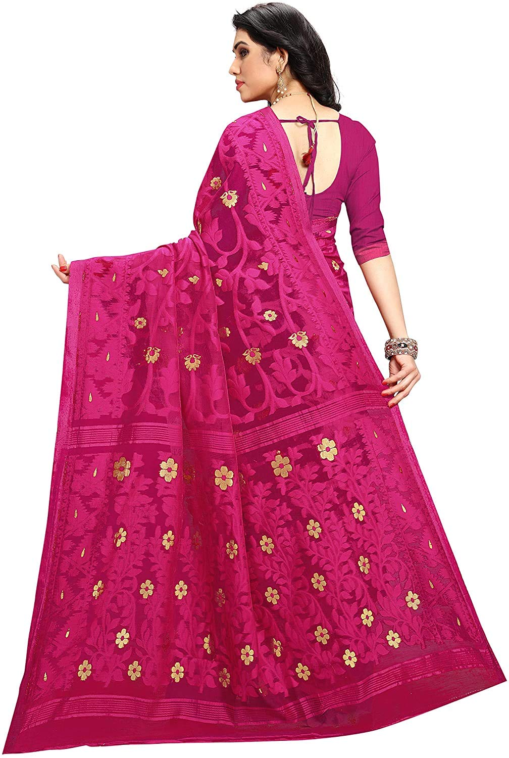 Aishwarya Sarees Women's Jamdani Jute Cotton Saree With Blouse Piece (AS - SOFT DHAKAI NEW -1_Pink)