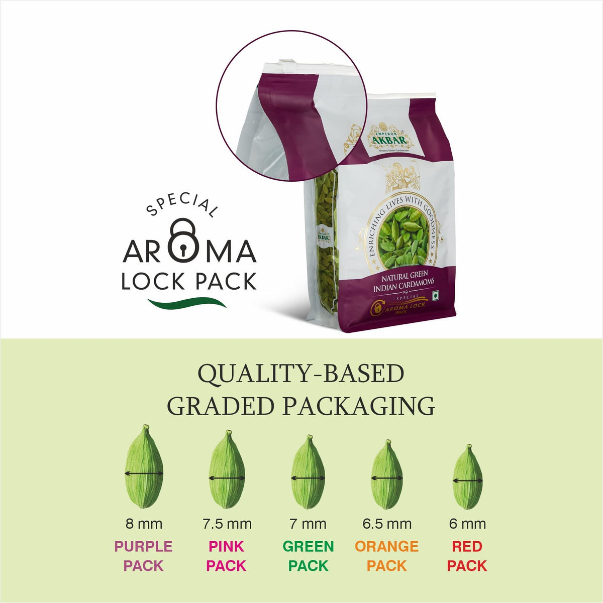 Emperor Akbar Whole Cardamom (Elaichi)- 100Gram - Green Cardamom In Superior Aroma-Lock Pack (Purple Grade - 8Mm Above)