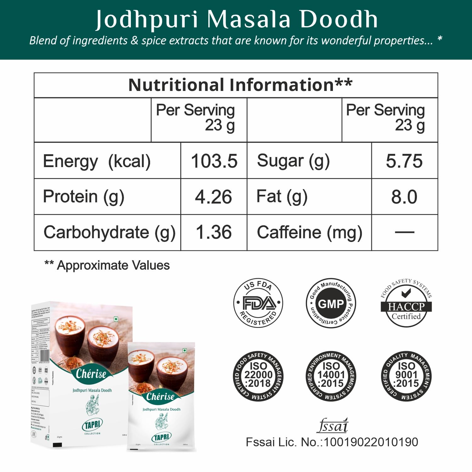 Cherise Tapri Premium Jodhpuri Masala Doodh, Instant Milk Premix (23 g x 7 Sachets)