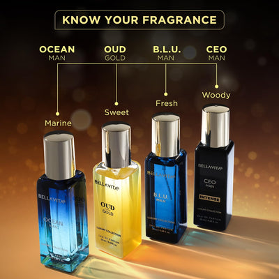 Bella Vita Luxury Collection Eau De Parfum Gift Set 4 x 20ml for Men & Women with OUD GOLD, OCEAN, B.L.U & CEO Man Perfume|Long Lasting EDP Fragrance Scent