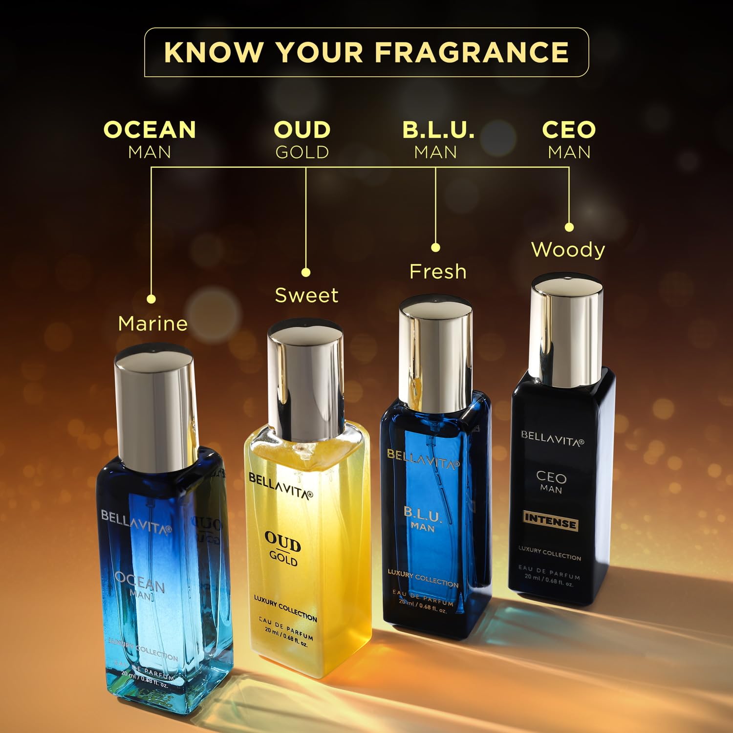 Bella Vita Luxury Collection Eau De Parfum Gift Set 4 x 20ml for Men & Women with OUD GOLD, OCEAN, B.L.U & CEO Man Perfume|Long Lasting EDP Fragrance Scent