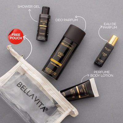 Bella Vita Luxury CEO Man Travel Mini Kit with Charcoal Body Wash 55 Ml for Deep Cleansing, EDP Perfume 20 Ml, No Gas Deo Body Parfum 150 Ml and Perfume Body Lotion 50 Ml