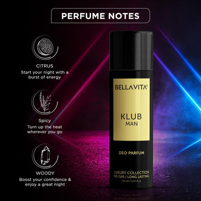 Bella Vita Luxury KLUB Man No Gas Body Deodorant Parfum for Men with Lemon, Rose and Vanilla|Musky and Spicy Long Lasting Body Perfume DEO 150 Ml