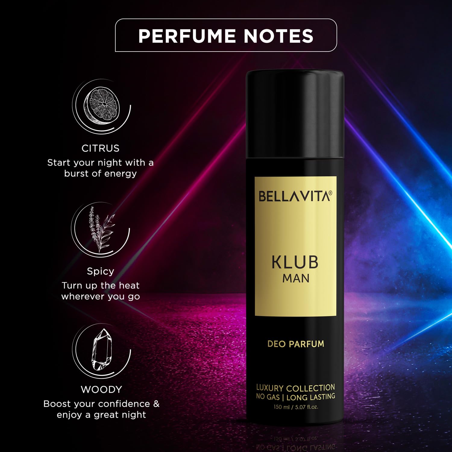 Bella Vita Luxury KLUB Man No Gas Body Deodorant Parfum for Men with Lemon, Rose and Vanilla|Musky and Spicy Long Lasting Body Perfume DEO 150 Ml