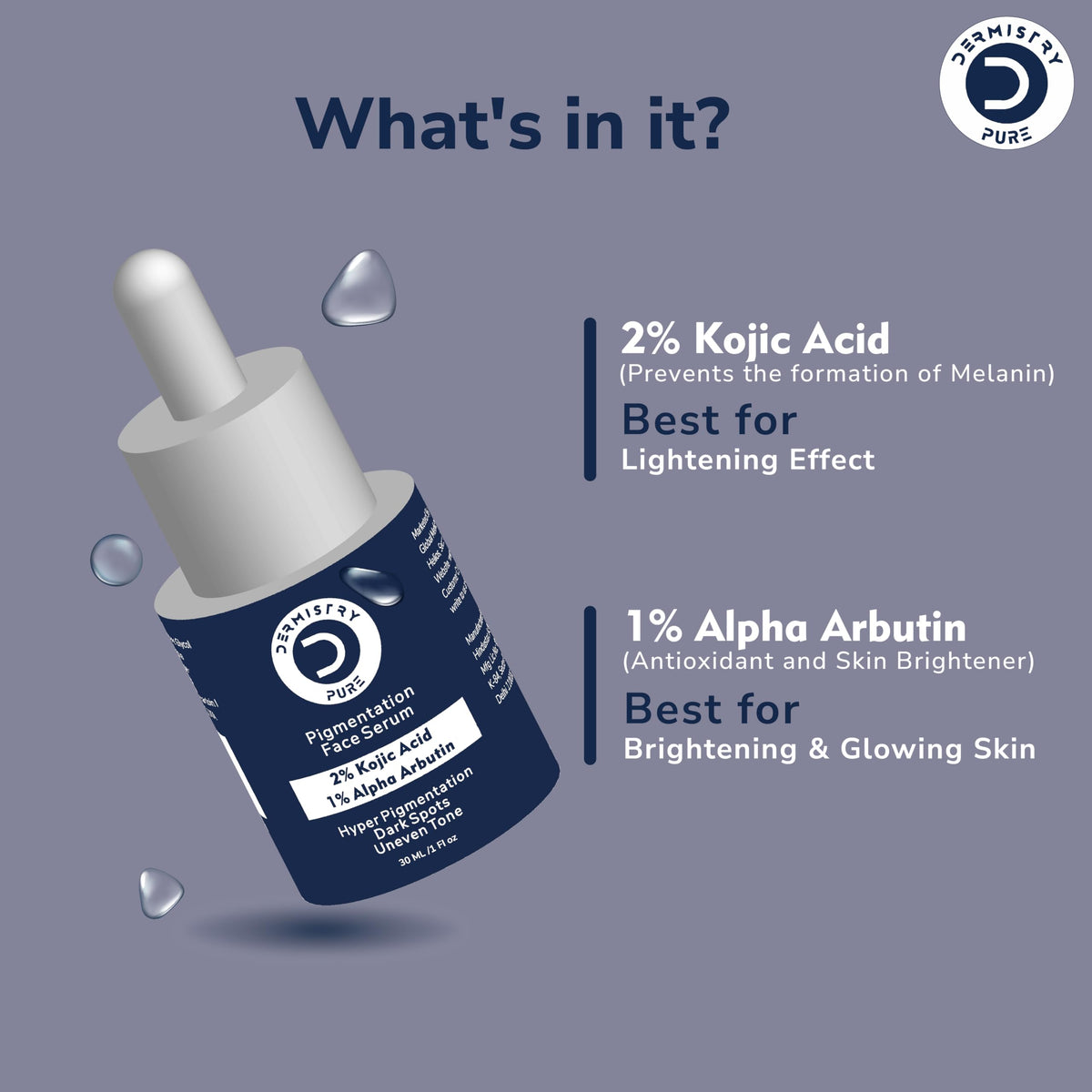 Dermistry Pure 2% Kojic Acid 1% Alpha Arbutin Skin Glowing Lightening Fairness Face Serum Removes Uneven Tone Dark Spots Pigmentation Tan & Dull Skin Suits All Skin Types 30ml