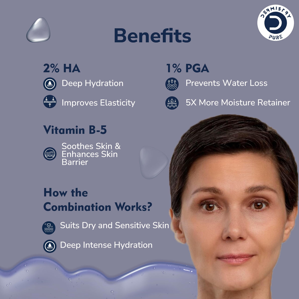 Dermistry Pure 2% Hyaluronic Acid 1% PGA Vitamin B5 Face Serum for Sensitive & Dry Skin Intense Hydrating Moisturiser for Day Night Deep Moisturizing Elasticity Plumpiness Soft Supple Skin 30ml