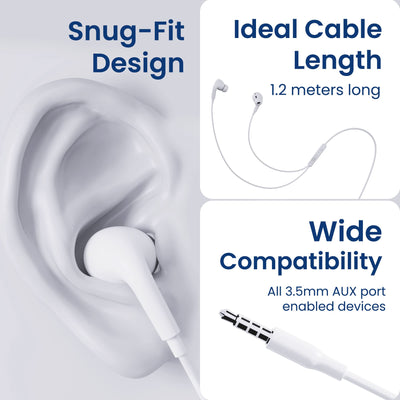 Ambrane Wired in Ear Earphones with in-line Mic for Clear Calling, 12mm Dynamic Drivers for BoostedBass™, 3.5mm Jack, Multi-Functional Controller (Stringz 74, White)