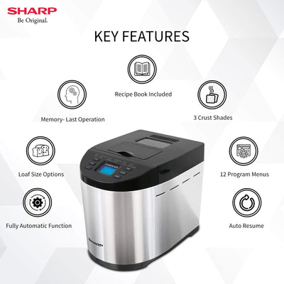 SHARP Atta and Bread Maker for Home, Kitchen | Fully Automatic Functions | 13 Pre Set Menu Including Gluten Free | 3 Crust Colours | Fruit & Nut Dispenser | LCD Display | Grey, Black I JAPAN QUALITY