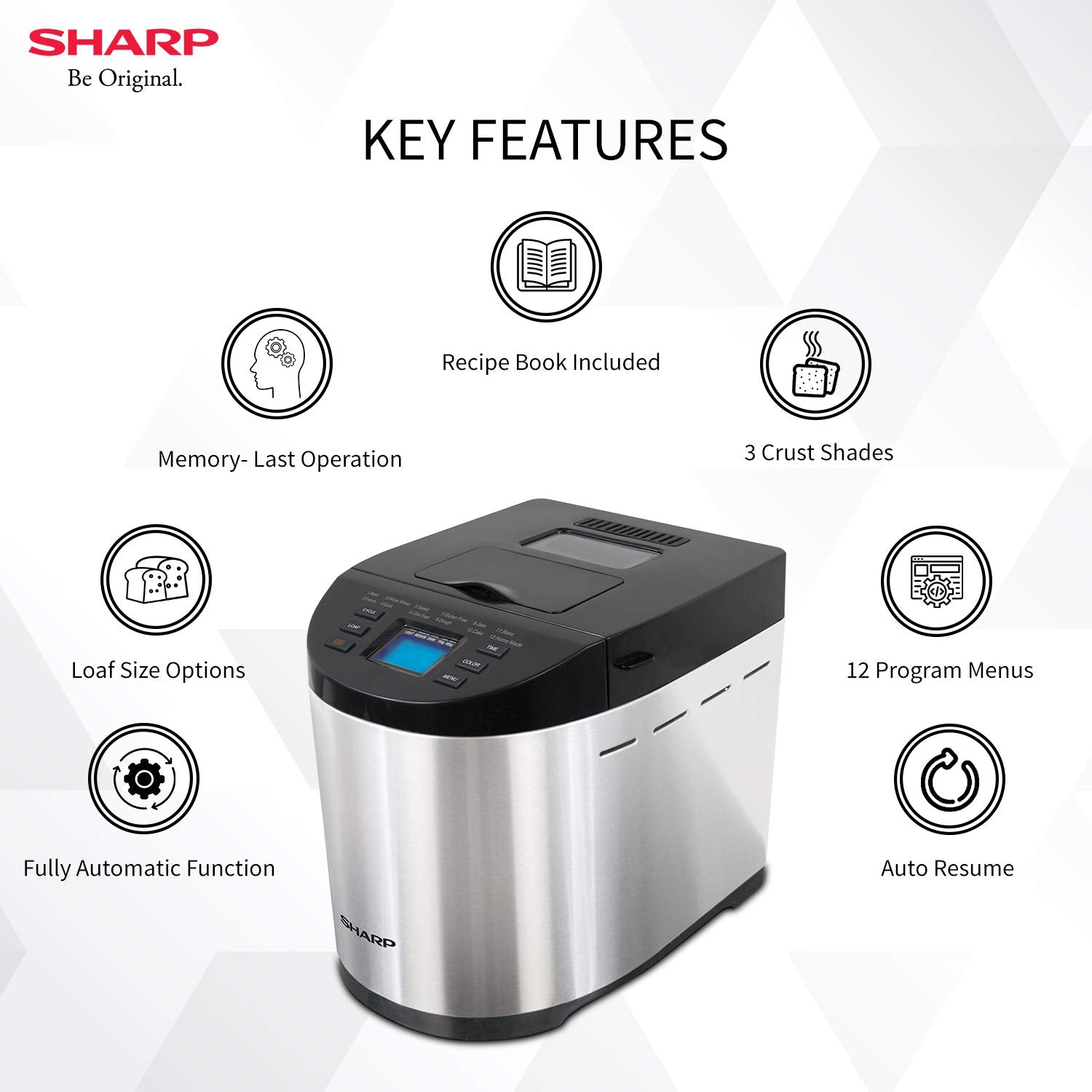 SHARP Atta and Bread Maker for Home, Kitchen | Fully Automatic Functions | 13 Pre Set Menu Including Gluten Free | 3 Crust Colours | Fruit & Nut Dispenser | LCD Display | Grey, Black I JAPAN QUALITY
