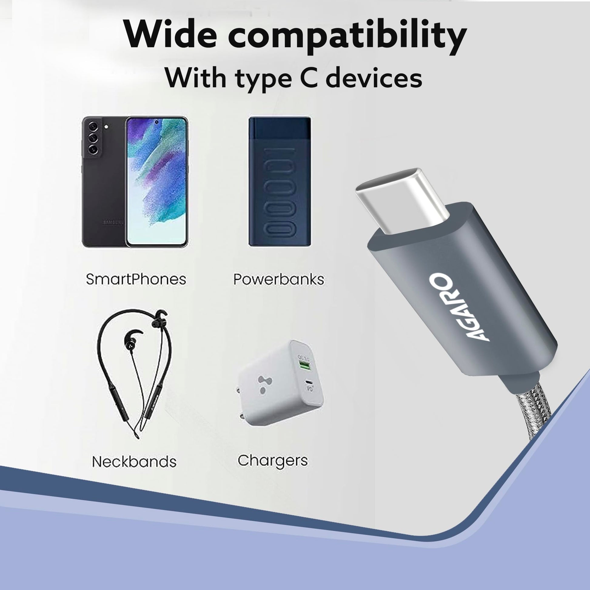AGARO USB-A to Type C Cable, Unbreakable Braided Cable, 3A Fast Charging, Compatible with All Type C Devices Including Smartphones, Tablets etc, PD Technology, 1 M (3.2Ft), 480 Mbps Data Transmission