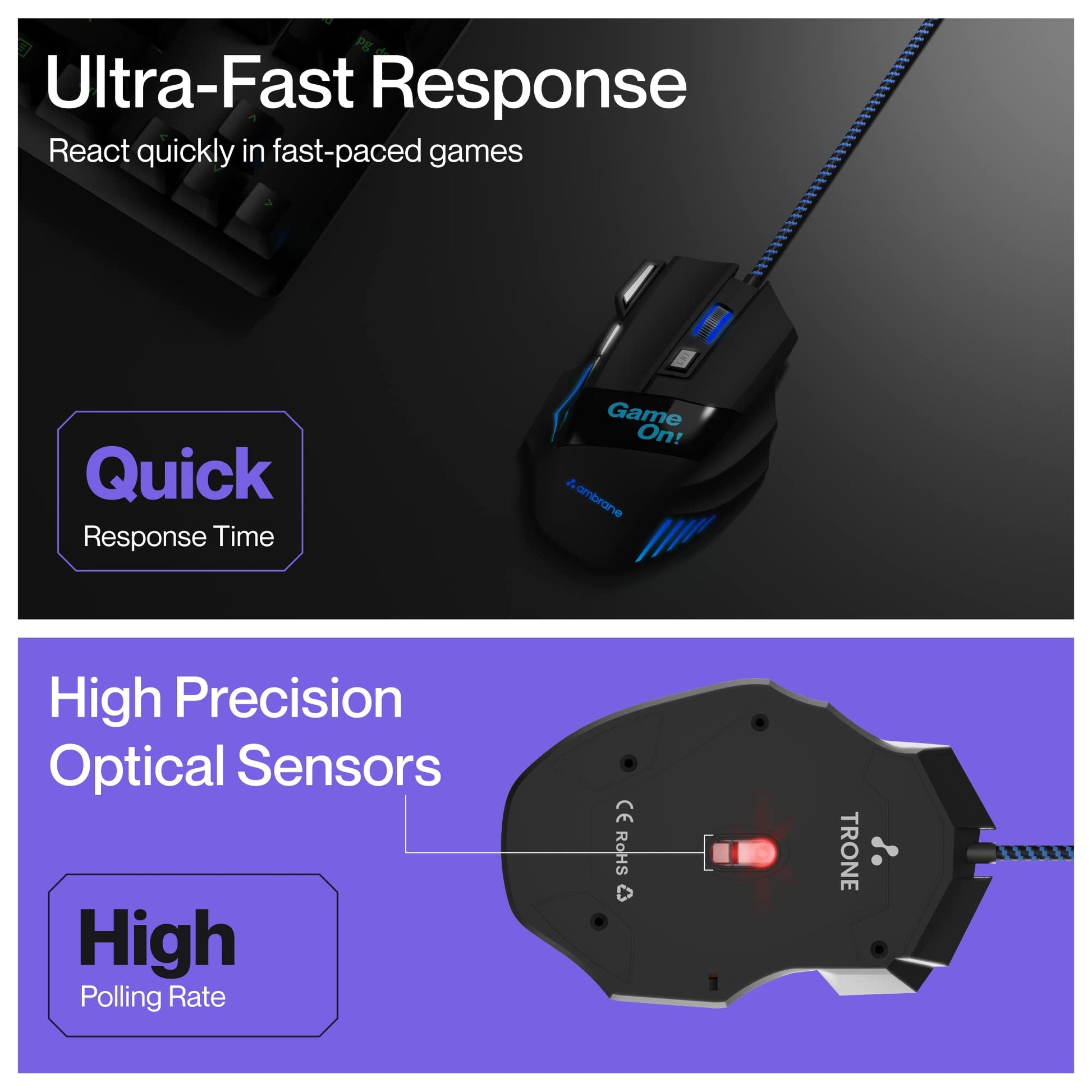 Ambrane Trone Wired Gaming Mouse with 7 Programmable Buttons, 3-Speed Customizable 3600 DPI, Comfortable Grip, Breathing LED Lighting, Fast Response Time, 1.5m Long USB Cable, Lightweight (Black)