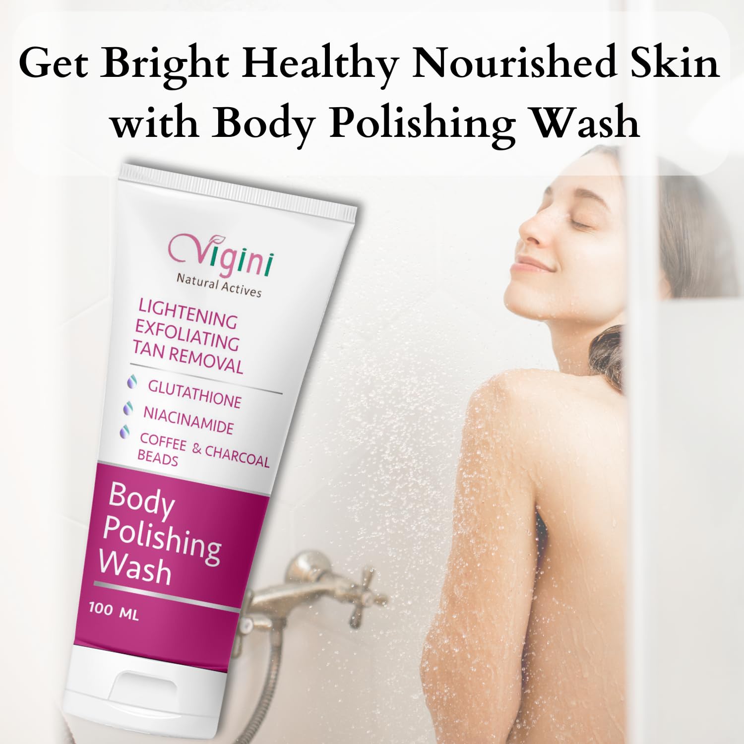 Vigini Natural Body Lightening Brightening Moisturizing Polishing Fairness Exfoliate Scrub Body Wash, Remove D Tan, Hyper Pigmentation Dark Spot, Skin Glow Glutathione Coffee Charcoal Men Women 100ml