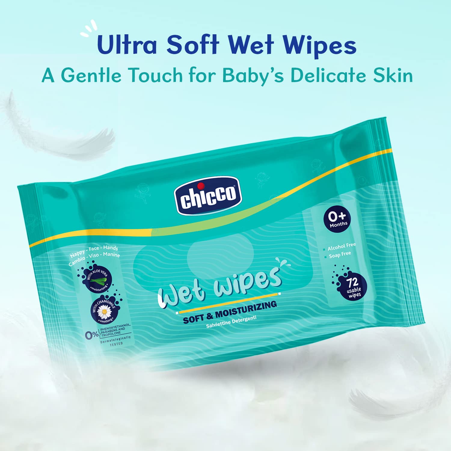Chicco Soft Cleansing Wet Baby Wipes, Ideal for Nappy, Face and Hand, Dermatologically Tested, Paraben Free, Sticker Pack of 6 (72 Sheets per Pack) 432 pcs