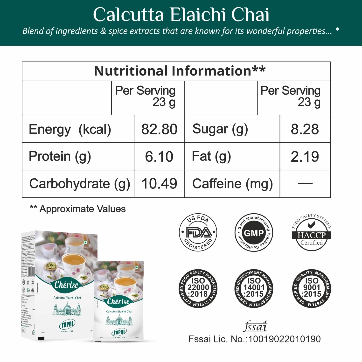 Cherise Tapri Premium Calcutta Elaichi Chai, Instant Tea Premix (23 g x 7 Sachets)