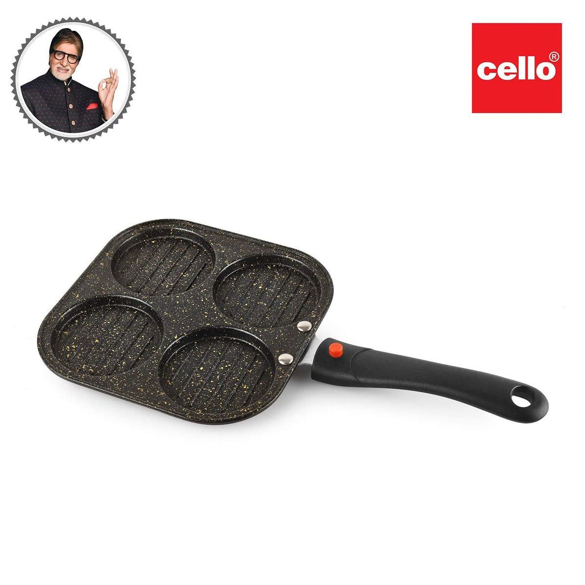 CELLO Non-Stick 4- Cavity Aluminium Appam/Uttapam Maker with Spatter (Golden)