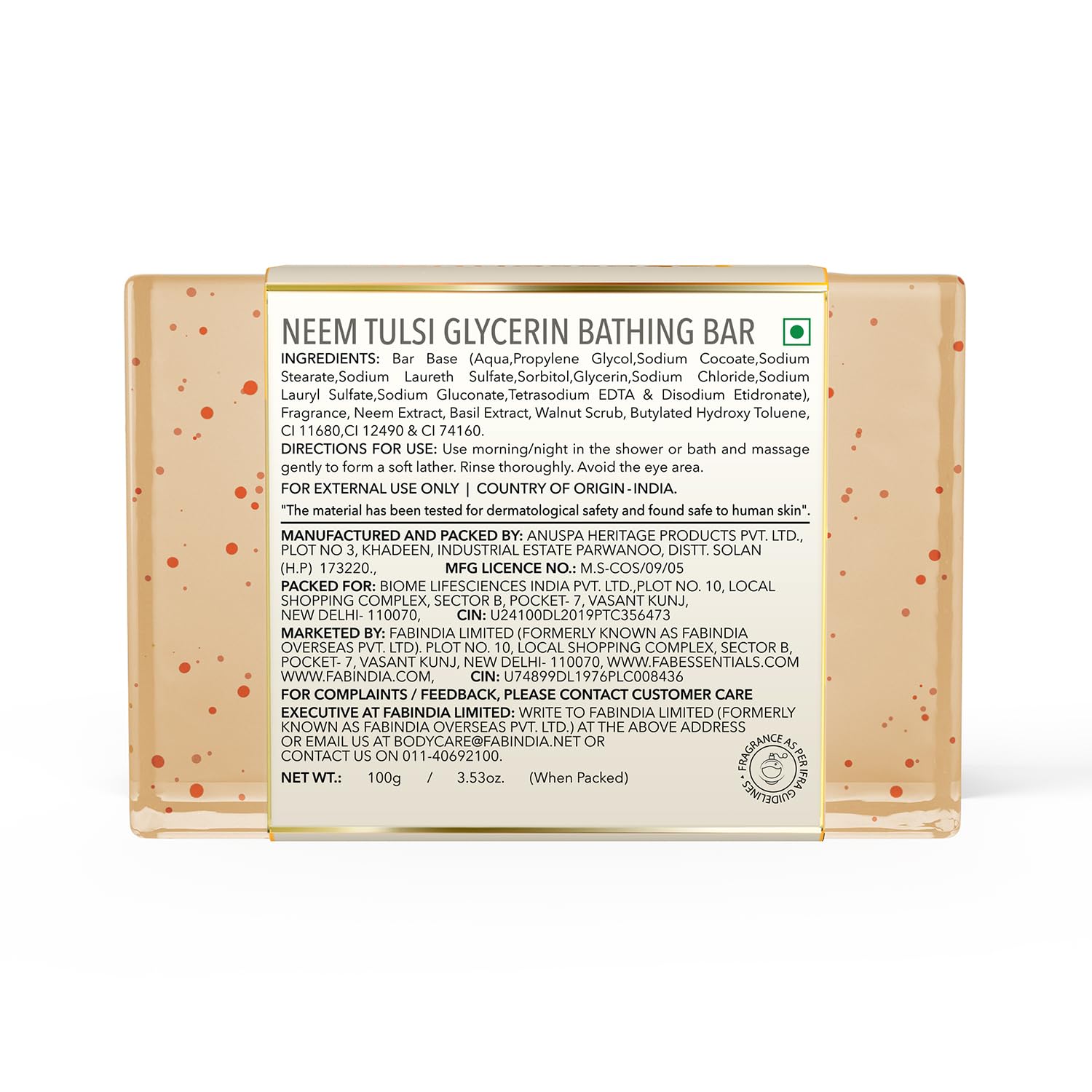 8x Fabessentials Neem Tulsi Glycerin Bathing Bar | with Walnut Granules | for Cleansing, Nourishing and Rejuvenating Skin | Vegan & Toxin Free - 100 gm Pack of 8