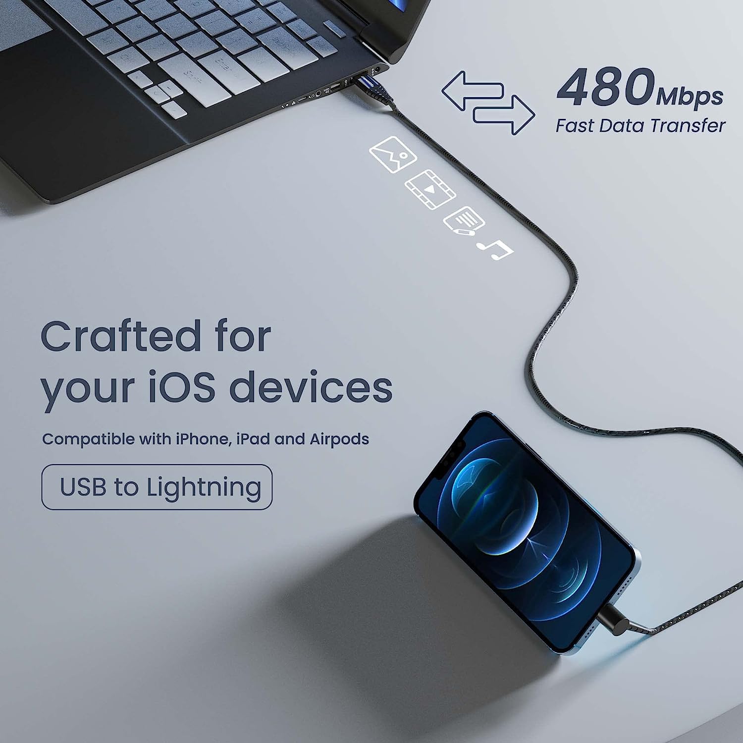 Ambrane Lightning Standing cable, 12W Fast Charging, Perfect for Holding Mobile while Charging/Binge-Watching & 480 Mbps Data Sync Cable for iPhone, iPad, AirPods - 1.5m (ABSL-15 Black)