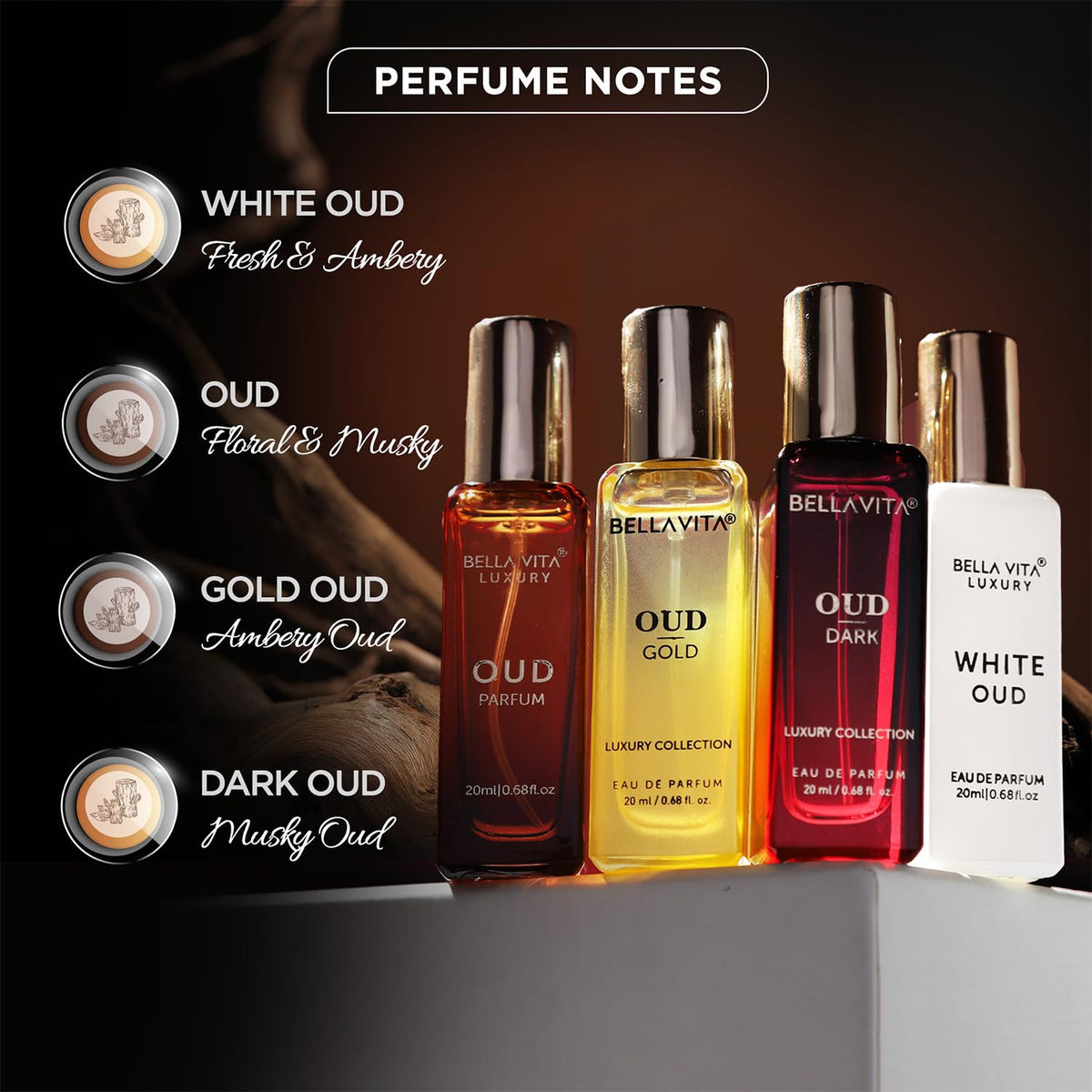 Bella Vita Luxury OUD Experience Eau De Parfum Gift Set 4 x 20ml for Men & Women with OUD, OUD GOLD,OUD DARK,WHITEOUD Perfume|Long Lasting EDP Fragrance Scent
