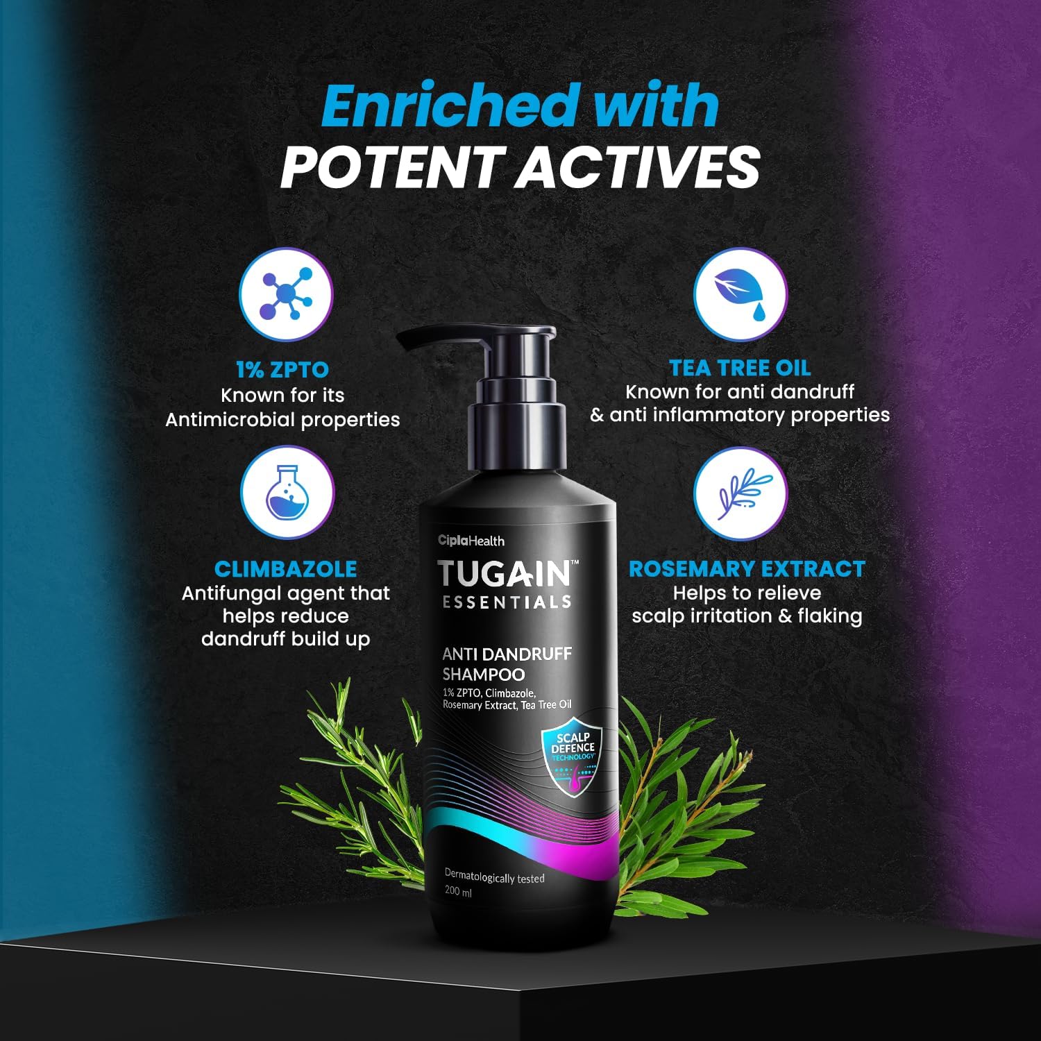 Tugain Essentials Anti Dandruff Shampoo (200ML) | With Zinc Pyrithione, Climbazole,Rosemary Extract & Tea Tree Oil| Eliminates Dandruff, Reduces Flakes, Calms Scalp |Sulphate & Paraben Free