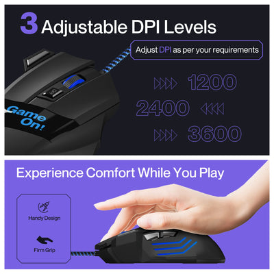 Ambrane Trone Wired Gaming Mouse with 7 Programmable Buttons, 3-Speed Customizable 3600 DPI, Comfortable Grip, Breathing LED Lighting, Fast Response Time, 1.5m Long USB Cable, Lightweight (Black)