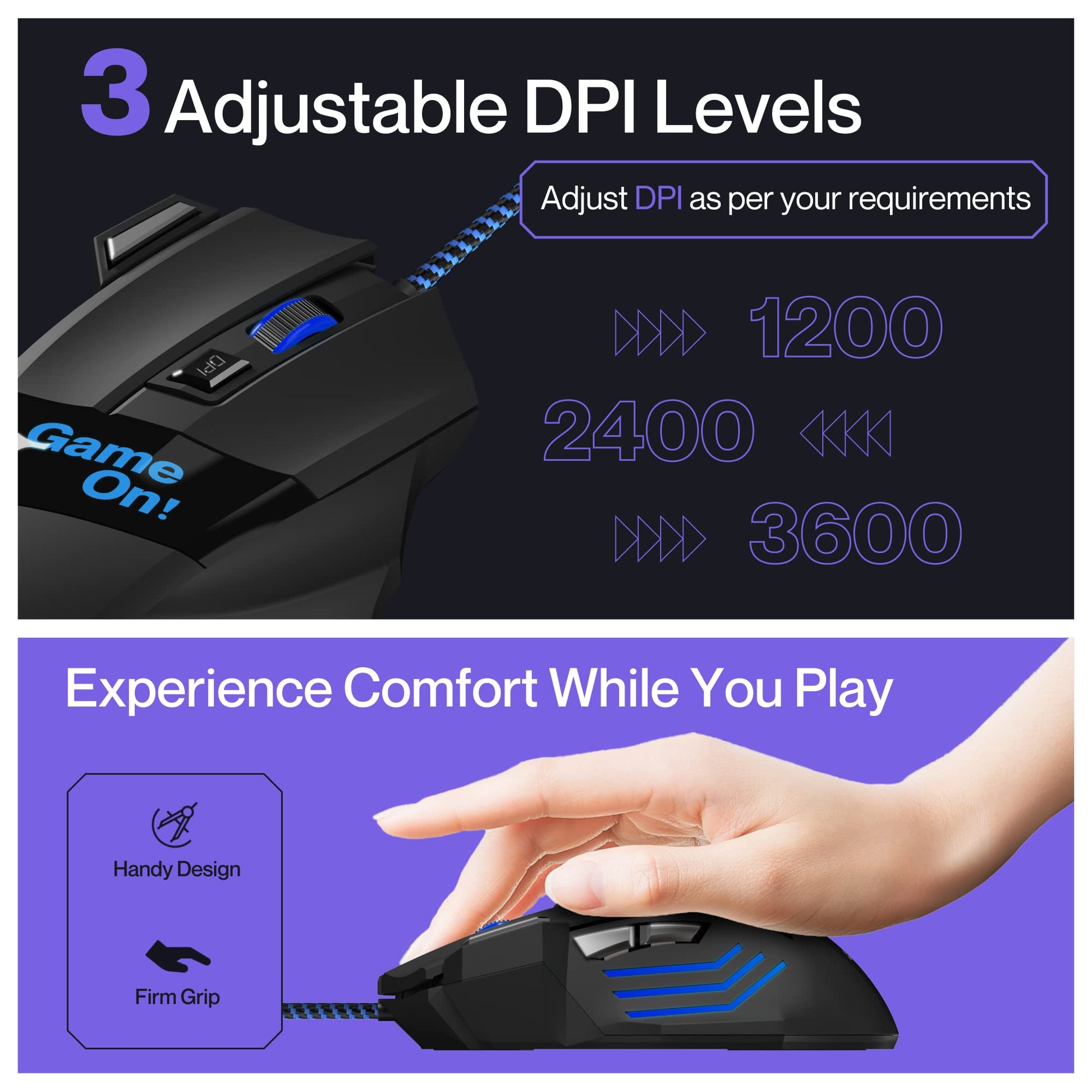 Ambrane Trone Wired Gaming Mouse with 7 Programmable Buttons, 3-Speed Customizable 3600 DPI, Comfortable Grip, Breathing LED Lighting, Fast Response Time, 1.5m Long USB Cable, Lightweight (Black)
