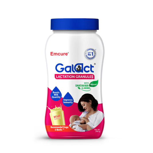 Galact Granules - Lactation Supplement with Shatavari to increase breast milk - Kesar flavour 200g | 10 day Pack | 2 Scoops per serving with milk | From Emcure Pharamaceuticals Ltd.