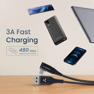 Ambrane Type C Mobile Charging Cable 3A Fast Charging, 1.5m L Shaped Braided Cable, 480Mbps Data Transfer for Smartphones, Tablet, Laptops & Other Type C Devices (ABLC10, Black) (Pack of 2)