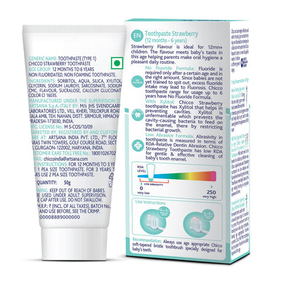 4x Chicco Toothpaste, Strawberry Flavour for 1Y to 6Y Baby, Fluoride-Free, Preservative-Free,Cavity Protection (50g each) - Pack of 4