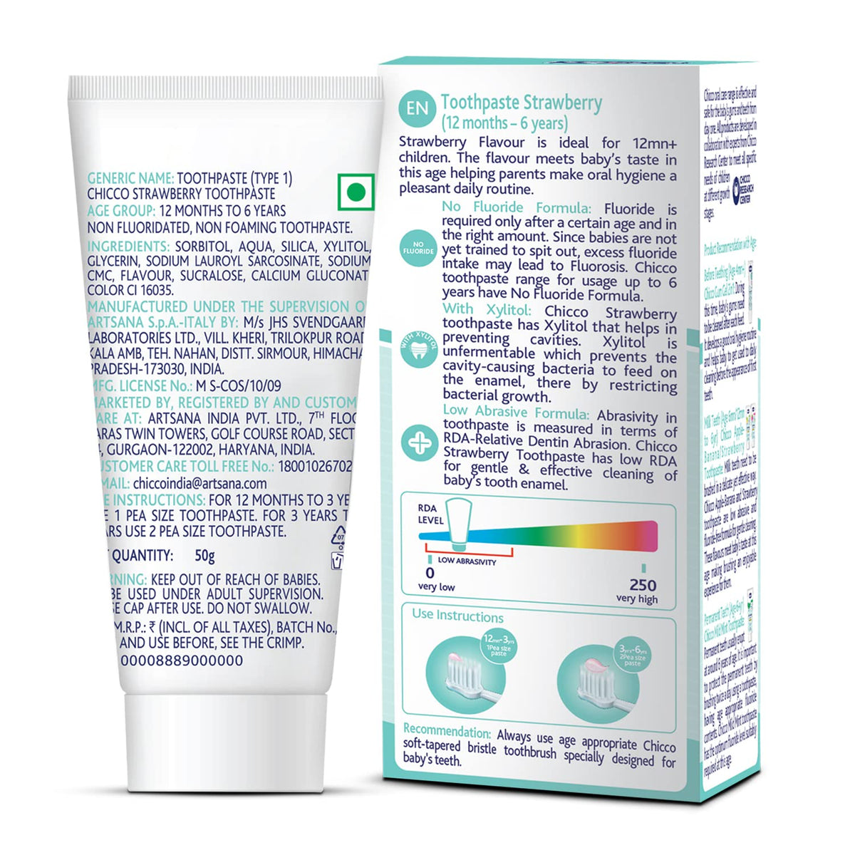 4x Chicco Toothpaste, Strawberry Flavour for 1Y to 6Y Baby, Fluoride-Free, Preservative-Free,Cavity Protection (50g each) - Pack of 4
