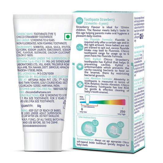 4x Chicco Toothpaste, Strawberry Flavour for 1Y to 6Y Baby, Fluoride-Free, Preservative-Free,Cavity Protection (50g each) - Pack of 4