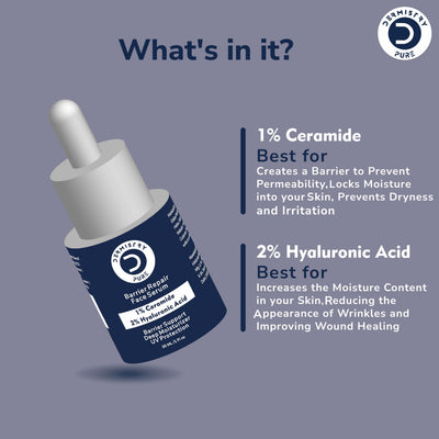 Dermistry Pure 1% Ceramides + 2% Hyaluronic Acid Barrier Repair Face Serum for Sensitive & Dry Skin Glowing Hydrating Soothing Deep Moisturizer UV Protection 30ml