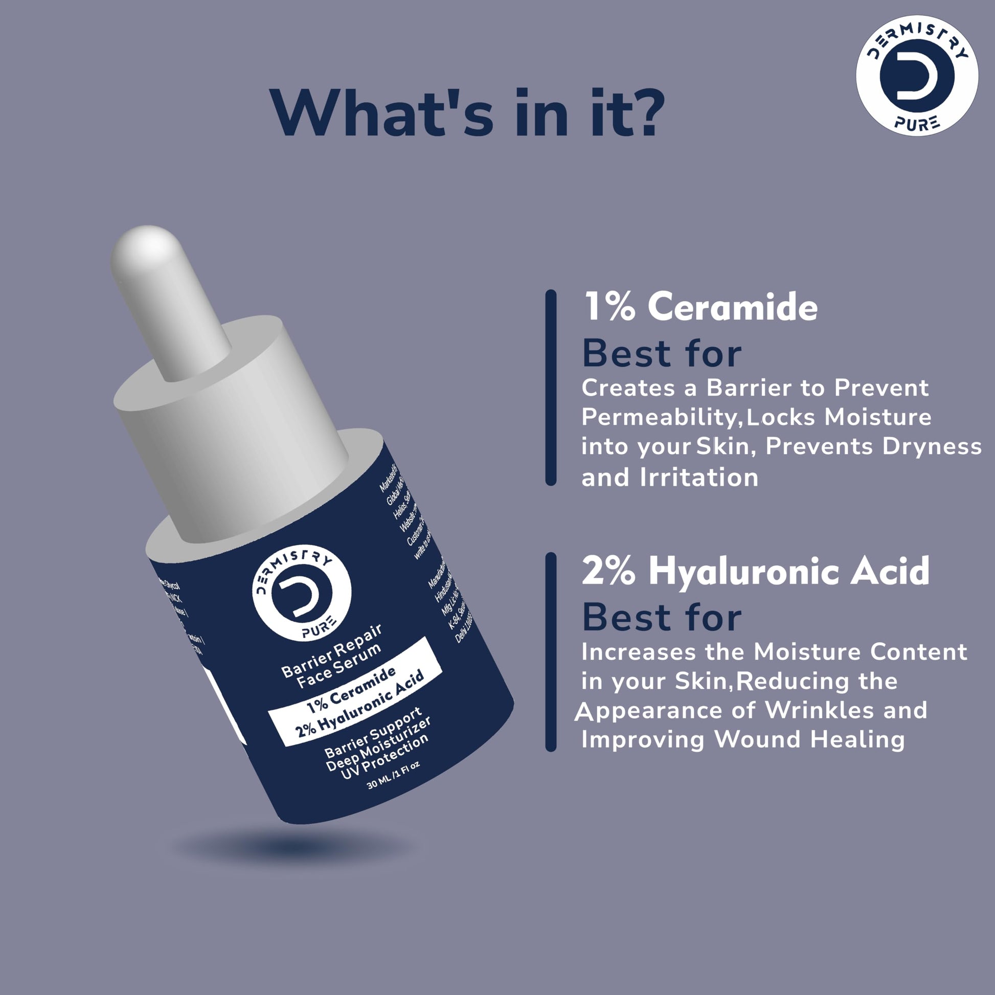 Dermistry Pure 1% Ceramides + 2% Hyaluronic Acid Barrier Repair Face Serum for Sensitive & Dry Skin Glowing Hydrating Soothing Deep Moisturizer UV Protection 30ml