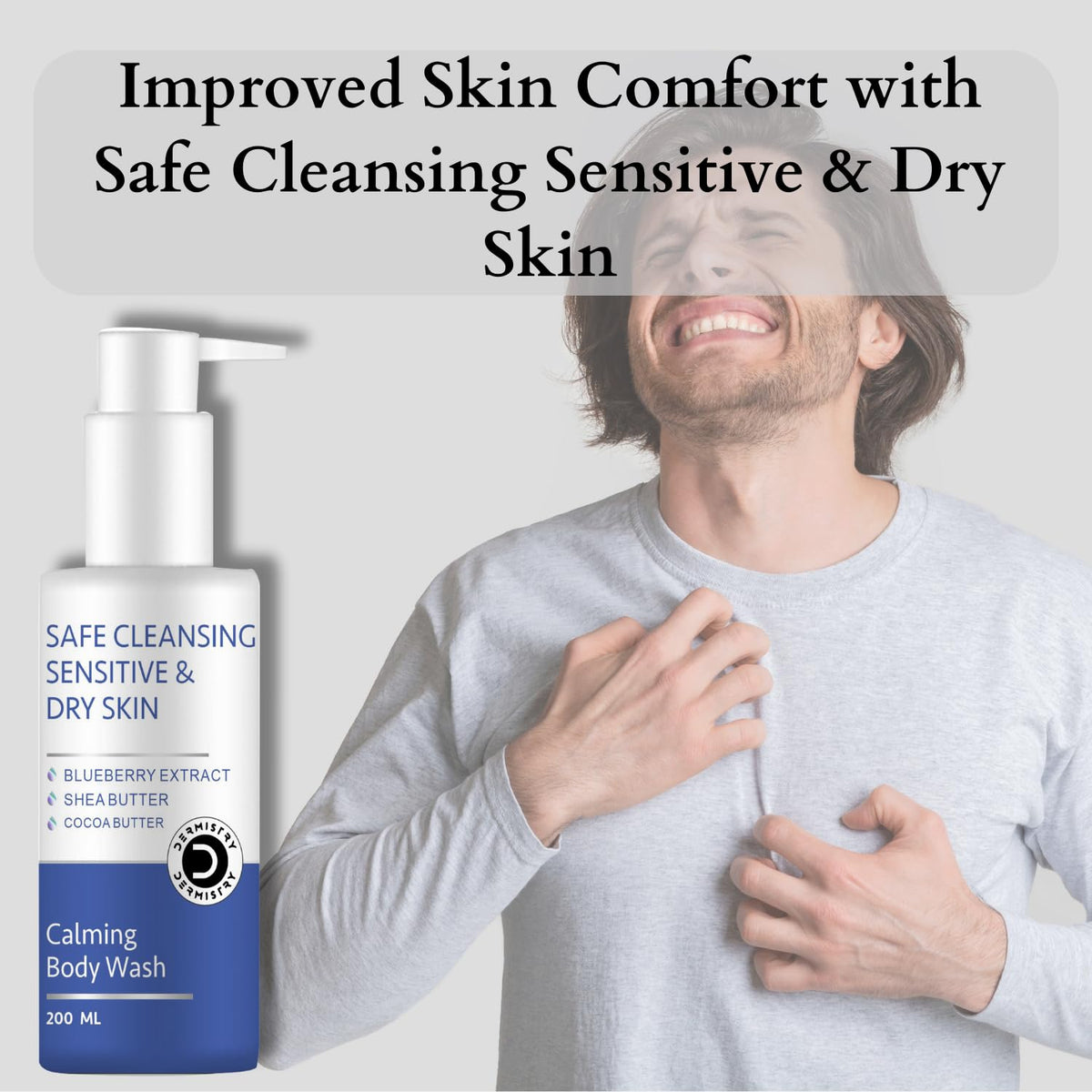 Dermistry Sensitive & Dry Skin Thick Cream Body Wash, Shea & Cocoa Butter Blue Berry, Safe Mild Gentle Cleanser, Moisturizing Revitalizing Wash For Winter, Suits All Skin Types Women Men, 200 ml
