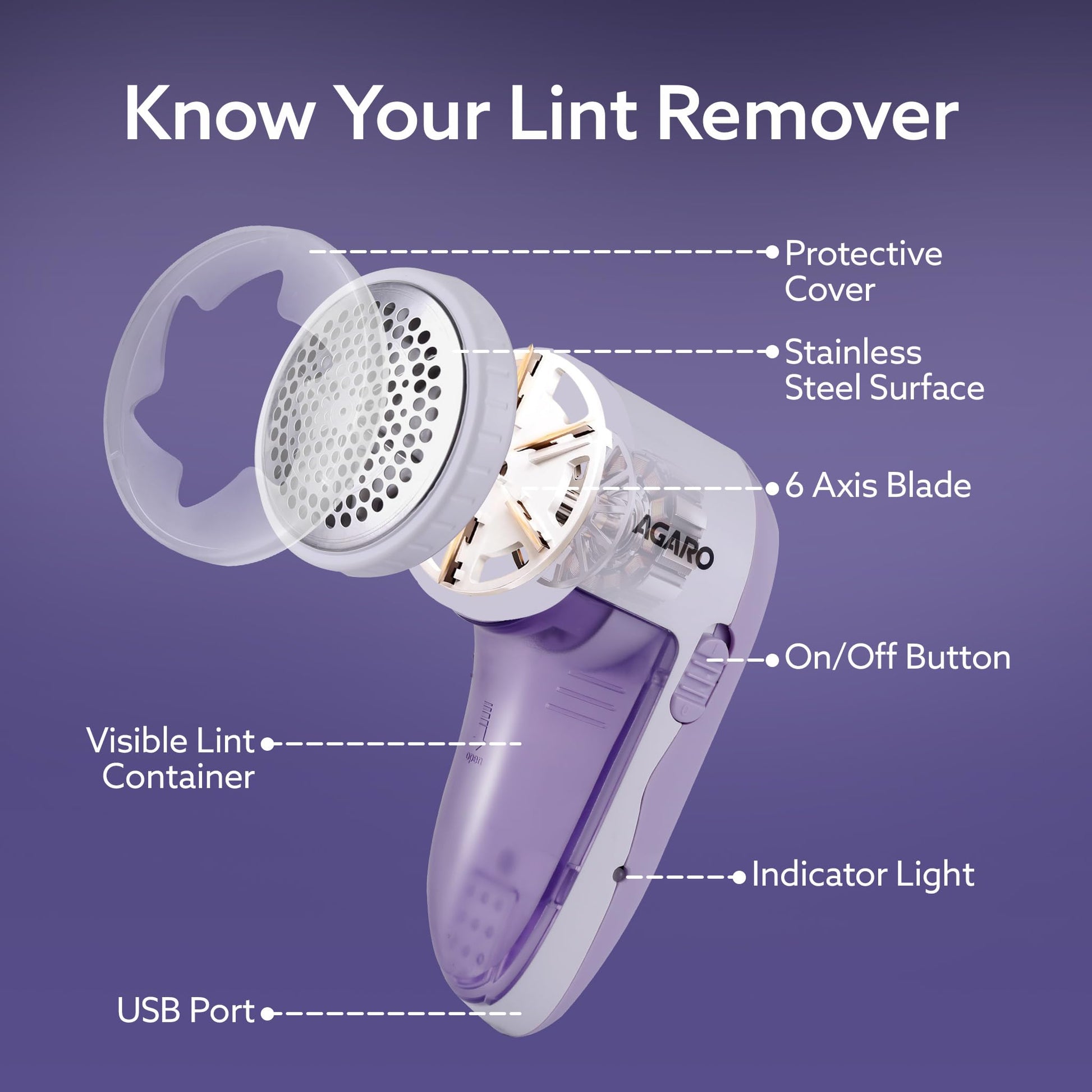 AGARO 2419 Lint Remover, Electric Fabric Shaver, Rechargeable, Stainless Steel Blades, Portable, Multi-Functional Fuzz Remover from Woollen Sweaters, Coat, Blankets, Jackets, Carpets, Burr Remover