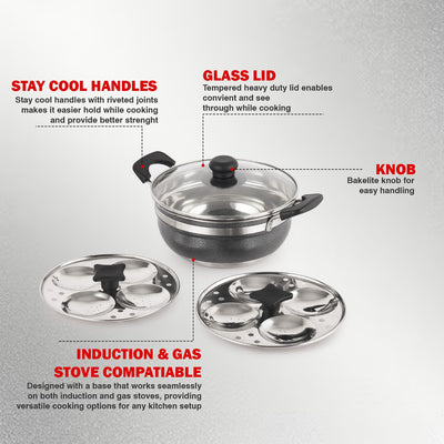 Cello Magna Stainless Steel Multi Kadai Idli cooker with Glass Lid & 2 Idli Plates | Multi-purpose use | Perfect for Frying, Sautéing, Roasting, Preparing sabjis | Dishwasher Safe