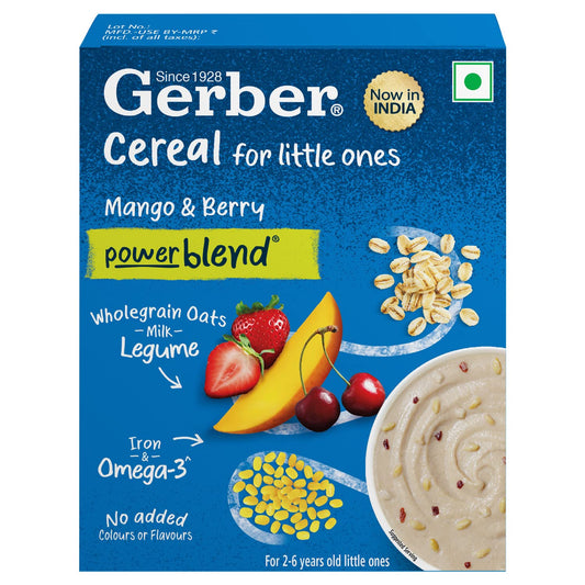 GERBER Cereals - Mango & Berry | Instant Cereal for little ones | With Iron & Omega-3 | Rich in Protein | With Vit A, C, D & Zinc | No added colours or flavours | 300g