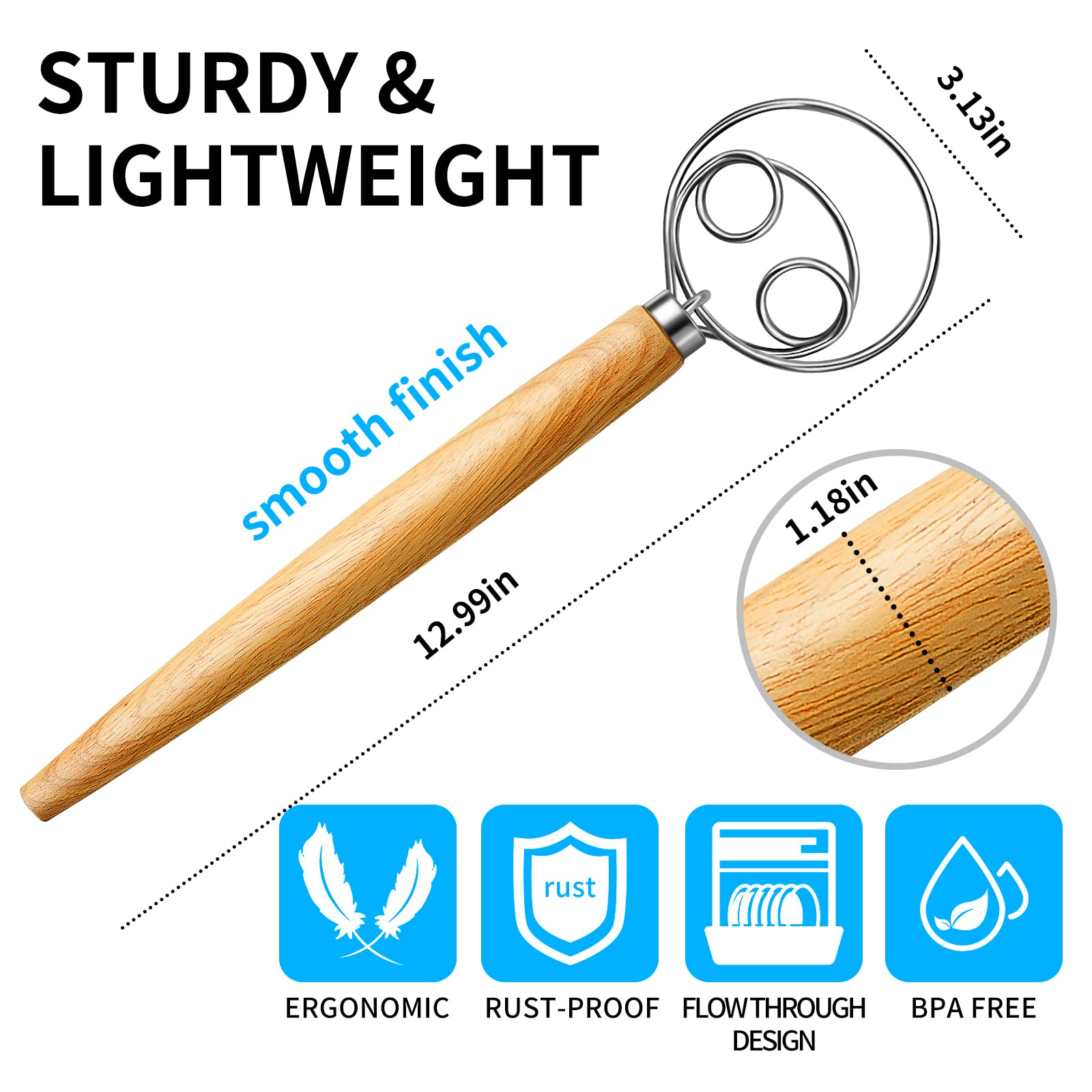 (More Efficient) TeeVea Danish Dough Whisk Stainless Steel Dutch Style Bread Dough Hand Mixer Blender Wooden Handle Kitchen Baking Tools Artisian Blender