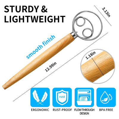 (More Efficient) TeeVea Danish Dough Whisk Stainless Steel Dutch Style Bread Dough Hand Mixer Blender Wooden Handle Kitchen Baking Tools Artisian Blender