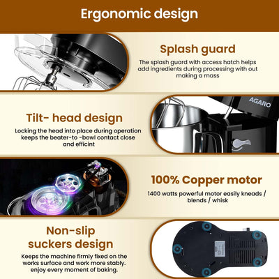AGARO Imperial Stand Mixer,1400W with 6L SS Bowl, 1.5L Blending Jar,10 Speed With Pulse Function, 100% Copper Motor, Includes Blending Jar, Whisker, Beater, Dough Hook, Egg White Separator, Black
