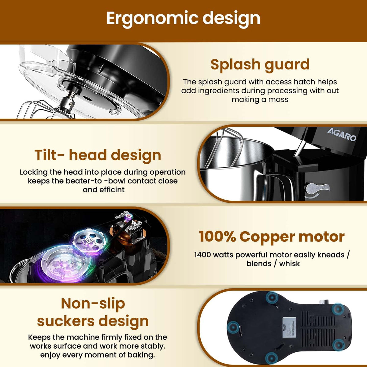 AGARO Imperial Stand Mixer,1400W with 6L SS Bowl, 1.5L Blending Jar,10 Speed With Pulse Function, 100% Copper Motor, Includes Blending Jar, Whisker, Beater, Dough Hook, Egg White Separator, Black