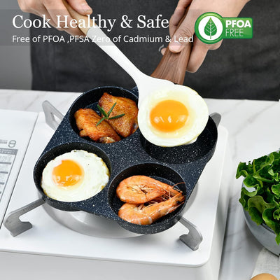 Cazuela 4 Cups Egg Pan Omelette Pan Frying Pan Egg Frying Pan 4 Cup Crepe Pan Granite Egg Cooker Breakfast Pancakes Pan Suitable for Gas Stove & Induction Cookware (Wood Grain Handle)