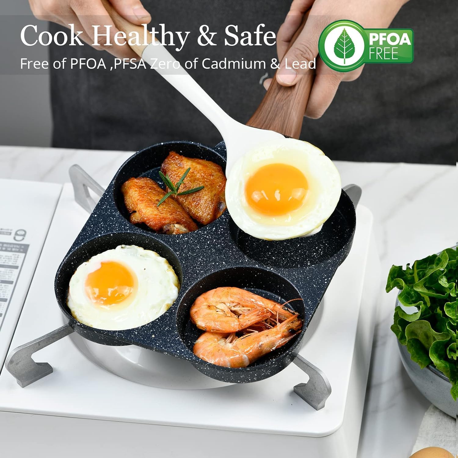 Cazuela 4 Cups Egg Pan Omelette Pan Frying Pan Egg Frying Pan 4 Cup Crepe Pan Granite Egg Cooker Breakfast Pancakes Pan Suitable for Gas Stove & Induction Cookware (Wood Grain Handle)
