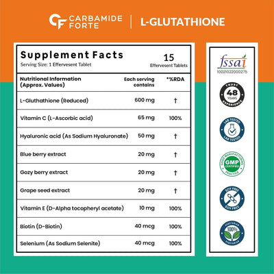 Carbamide Forte Japanese Reduced L Glutathione Effervescent Tablet 600mg for Skin Health | L Glutathione Effervescent Tablet with Vitamin C Hyaluronic Acid, Vitamin E,& Biotin– 15 Glutathione Effervescent Tablets