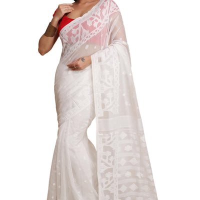 BENGAL HANDLOOM Women's Cotton Silk Dhakai Exclusive Softs Dual Color Jamdani Sarees (White White)