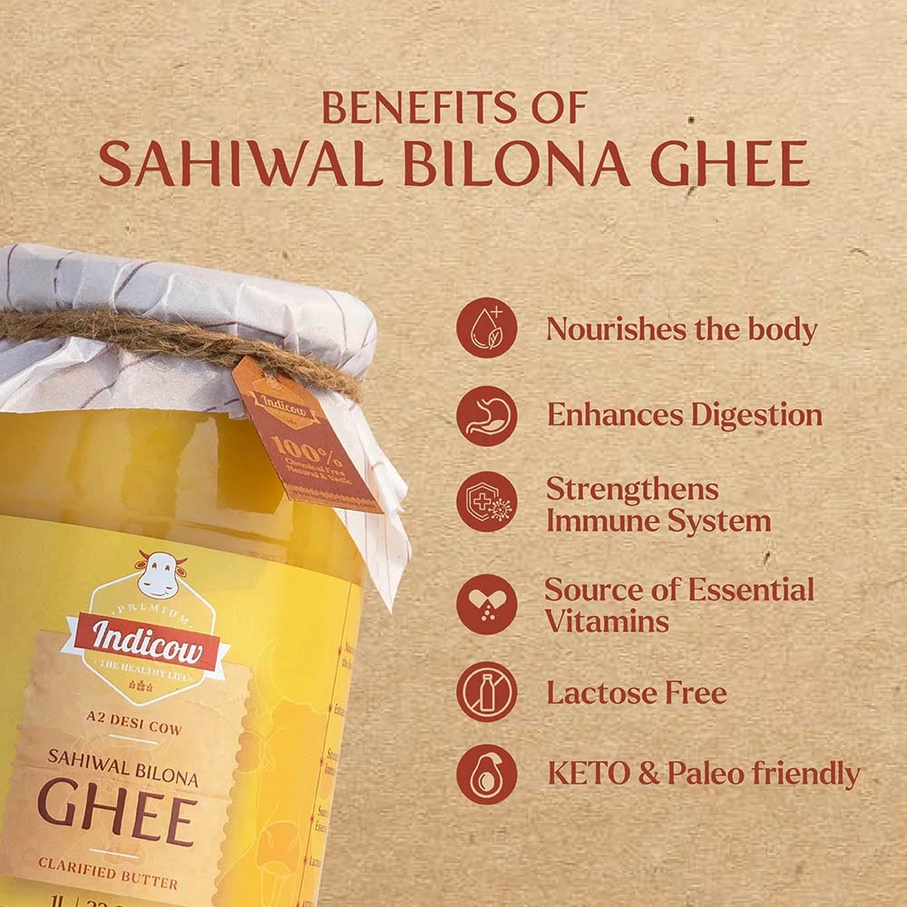 Indicow Organic Dairy Foods Pure Authentic A2 Ghee (1000ml(1ltr), Sahiwal)