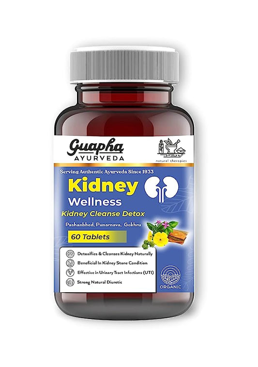 Guapha Ayurveda Kidney Wellness | Kidney & Bladder Cleanse Detox | Urinary Tract Infection (UTI) | With Herbal Extracts Of Pashanbhed, Palash Pushp, Punarnava, Gokhru | 60 Tablets |