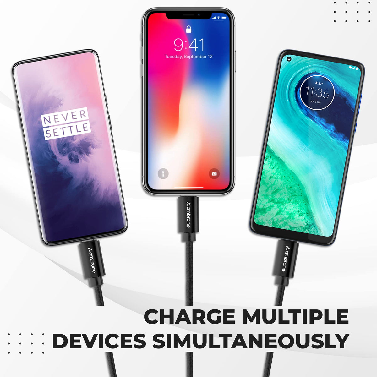 Ambrane Unbreakable 3 in 1 Fast Charging Braided Multipurpose Cable for Speaker with 2.1 A Speed - 1.25 meter, Black (Pack of 2)